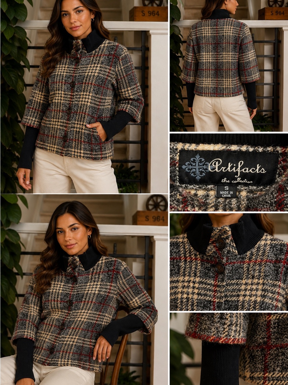 Artifacts Plaid Button Front Jacket Coat Gray Red Black Women’s Small